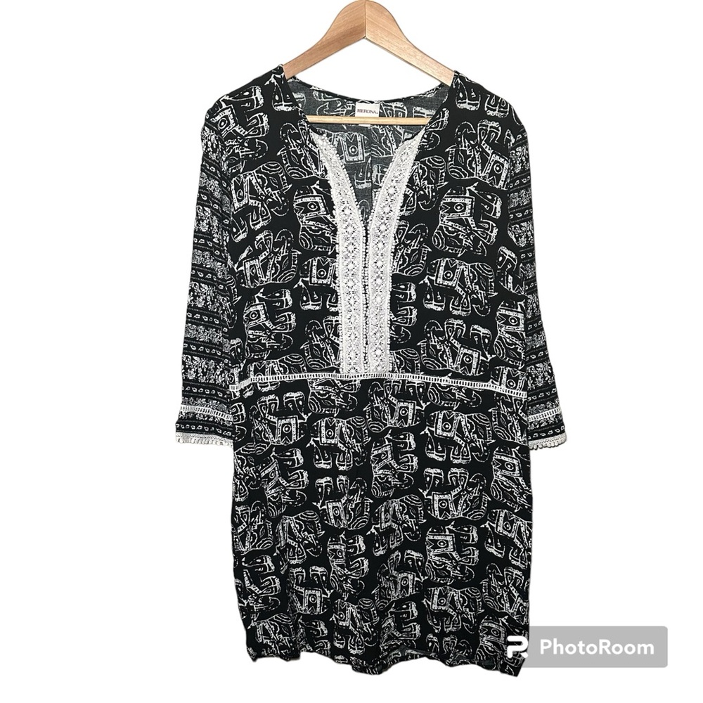 Merona | Black and White Elephant Print Lace Detail Dress